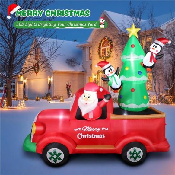 7 FT Christmas Inflatable Santa Claus Driving Red Truck with Built-in Lights - Picture 2 of 6